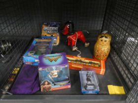 Cage containing boxed Thunderbird, Wonderwomen and other figures, plus a Hornby train carriage and