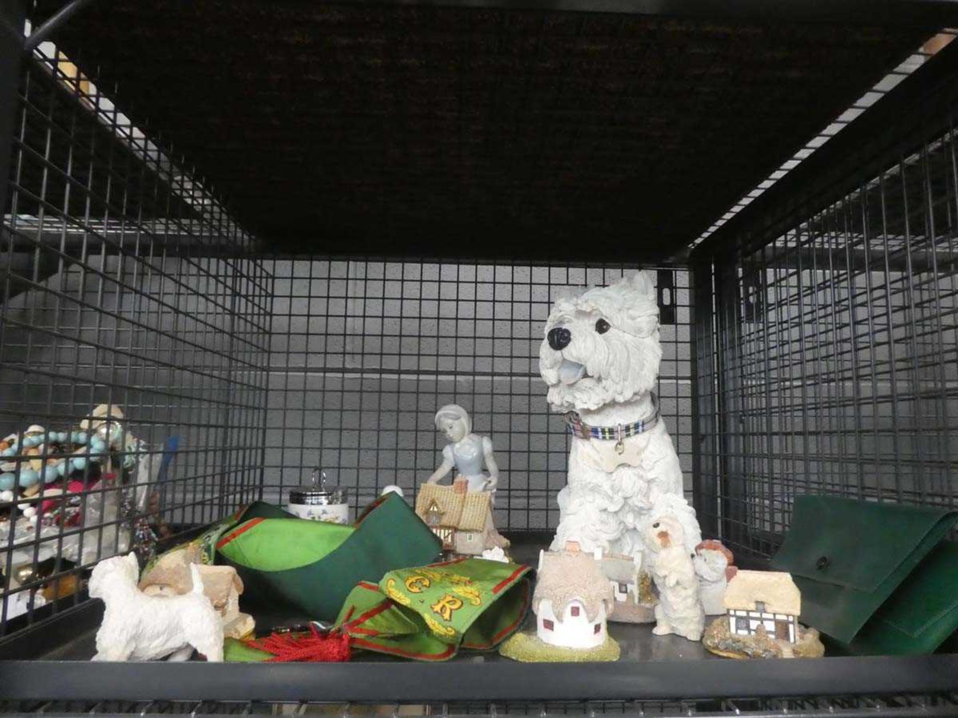 Cage containing omental dog, Nao style figure ornament, cottages, sashes and an egg cobbler