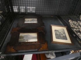 Cage containing two prints, winter scene with sheep and highland cattle, plus print of ladies in