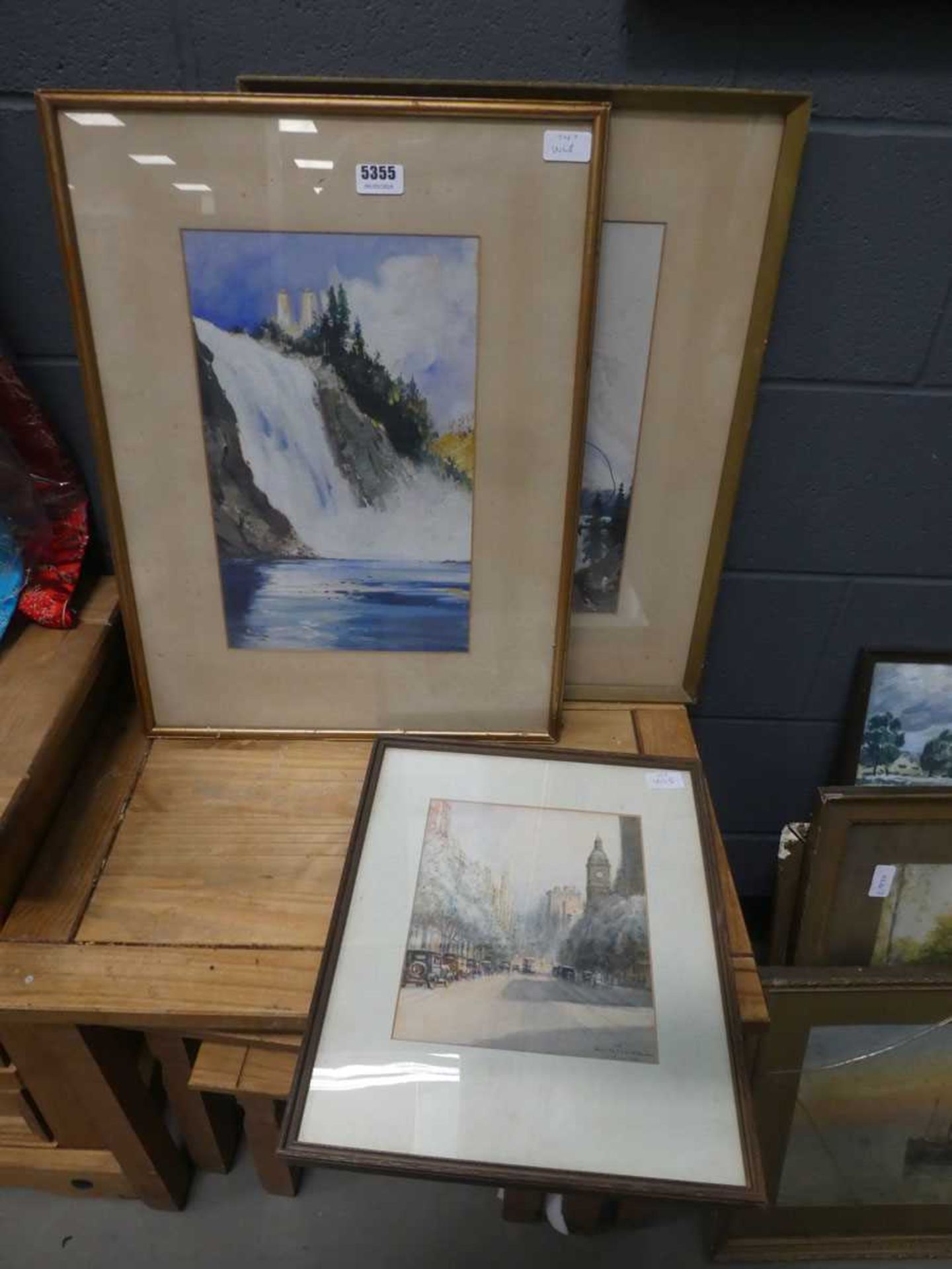 3 watercolours: cityscape, waterfall and snowy mountains