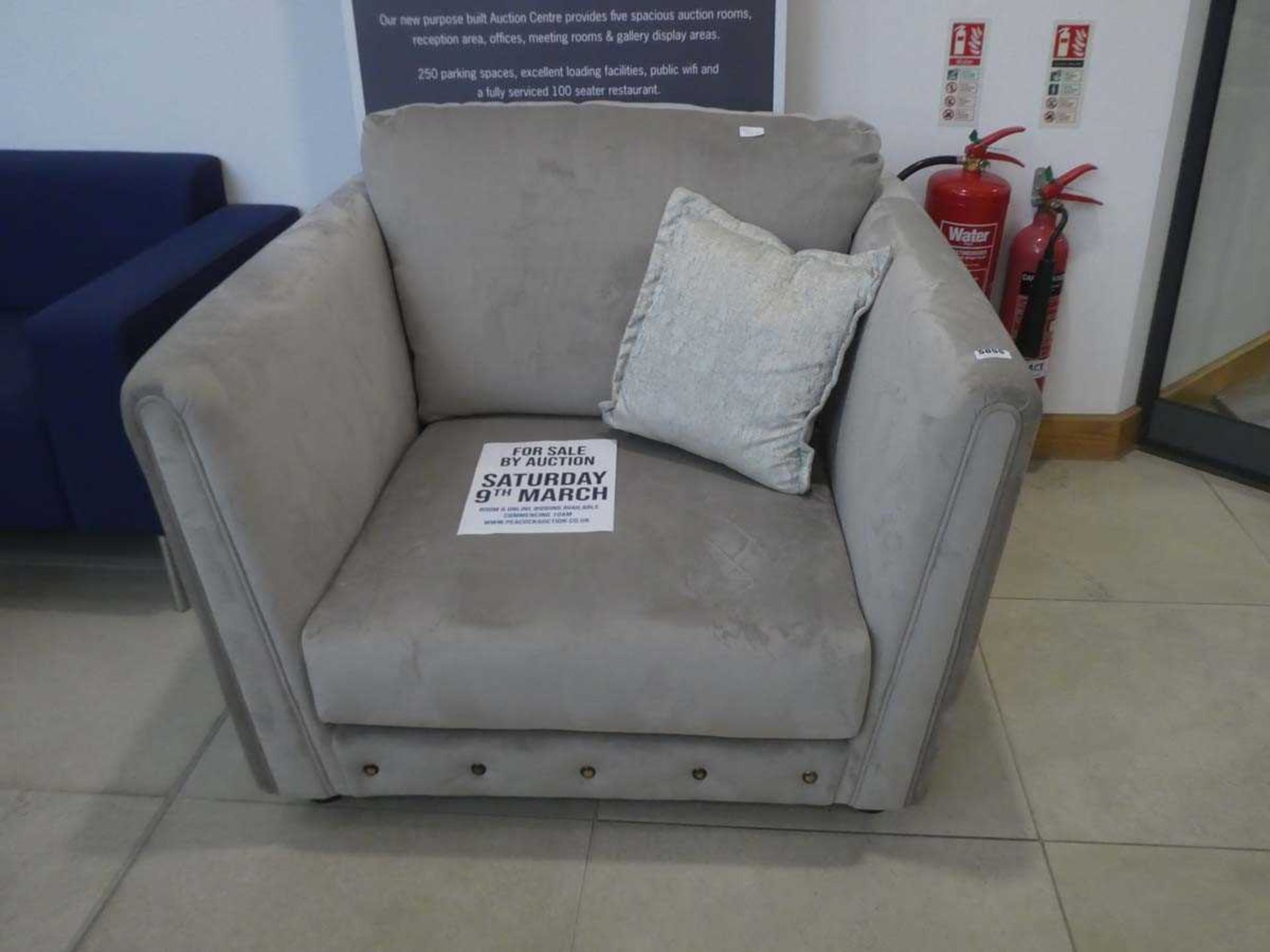 (15) Grey velvet effect fabric armchair with single cushion