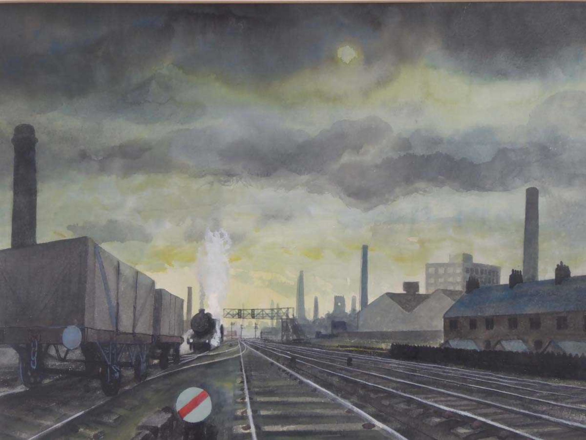 Attributed to Charles Oakley (1925-2008), Railway line under a moonlit sky, unsigned, watercolour, - Image 2 of 3