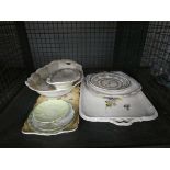 Cage containing Ivory Blush dishes, plus serving trays, Doulton ware and other plates