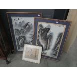 Three Chinese prints, figure in room, plus misty mountains