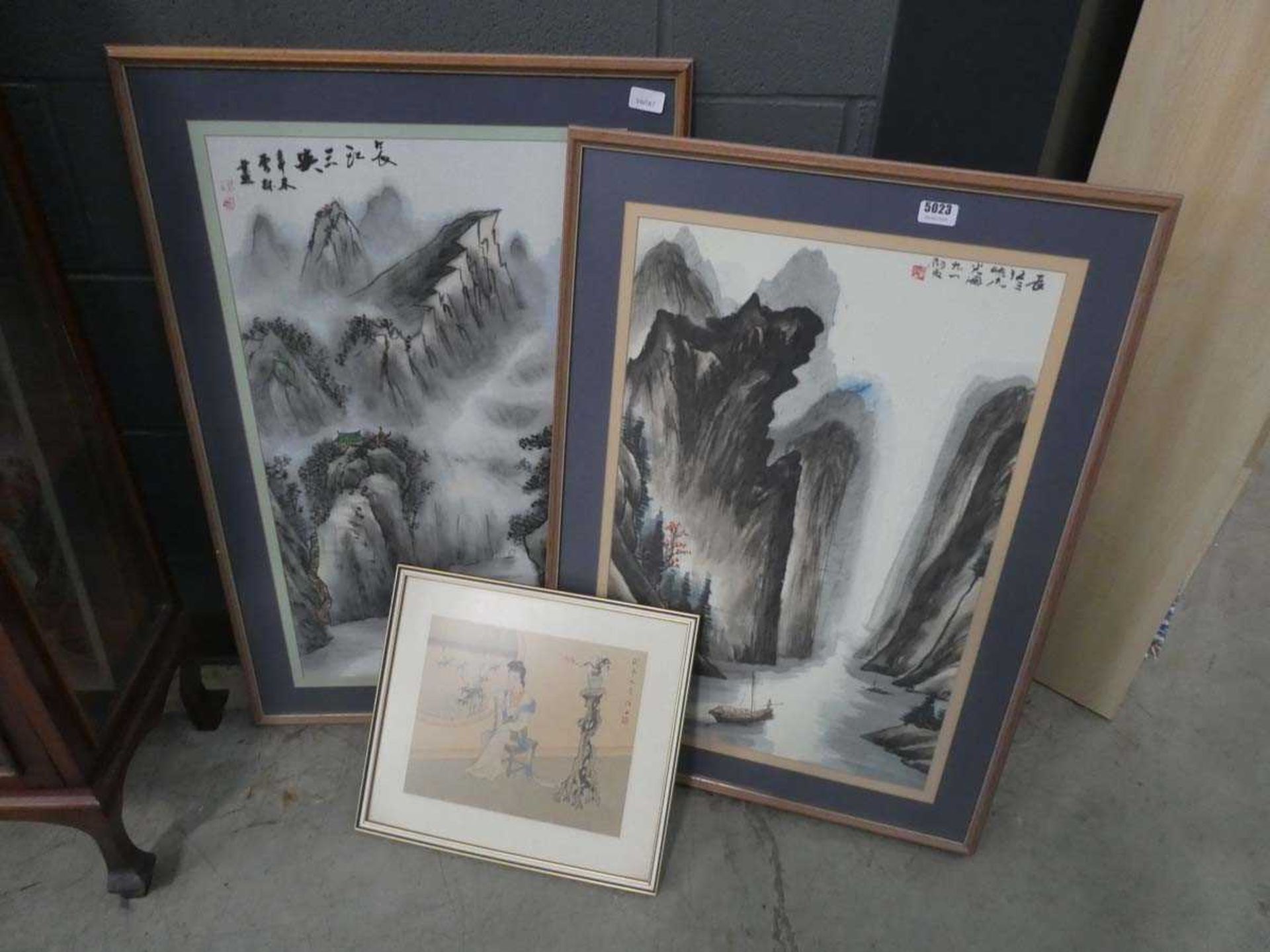 Three Chinese prints, figure in room, plus misty mountains