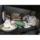 Cage containing Crested ware butter dishes, transfer printed bowl, various crockery and china