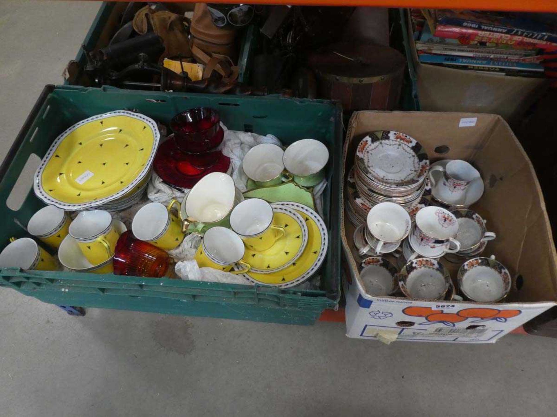 Two boxes containing Czechoslovakian and Staffordshire flower patterned crockery