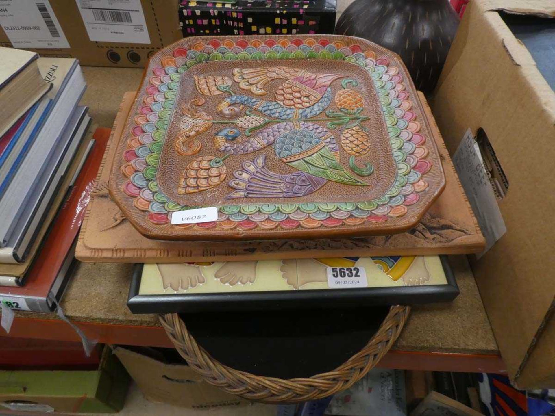 Serving tray, plus tiled and pottery plaques