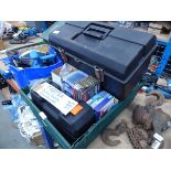 Large plastic crate containing electric pump, fixings, trickle chargers, drill, etc