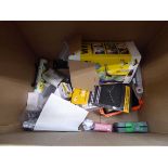 +VAT Cardboard box containing batteries, filters, sandpaper, driver set, universal joints, etc