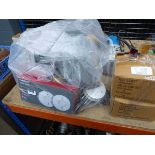 2 x boxes of valve caps and a bag containing random items including smoke alarms, dustpan and brush,