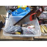 Plastic crate of assorted tools including saws, foot pump, knives, etc