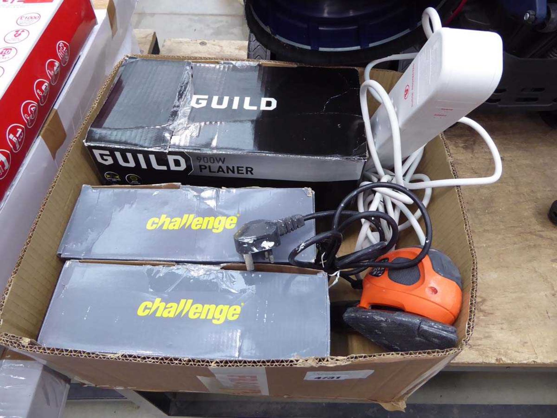 +VAT Box containing Black+Decker mouse, Challenge Founders Guild planer and extension cable