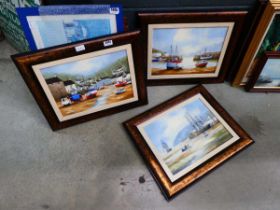 Three modern oils on canvas, costal scenes with fishing boats, and a 3-masted ship