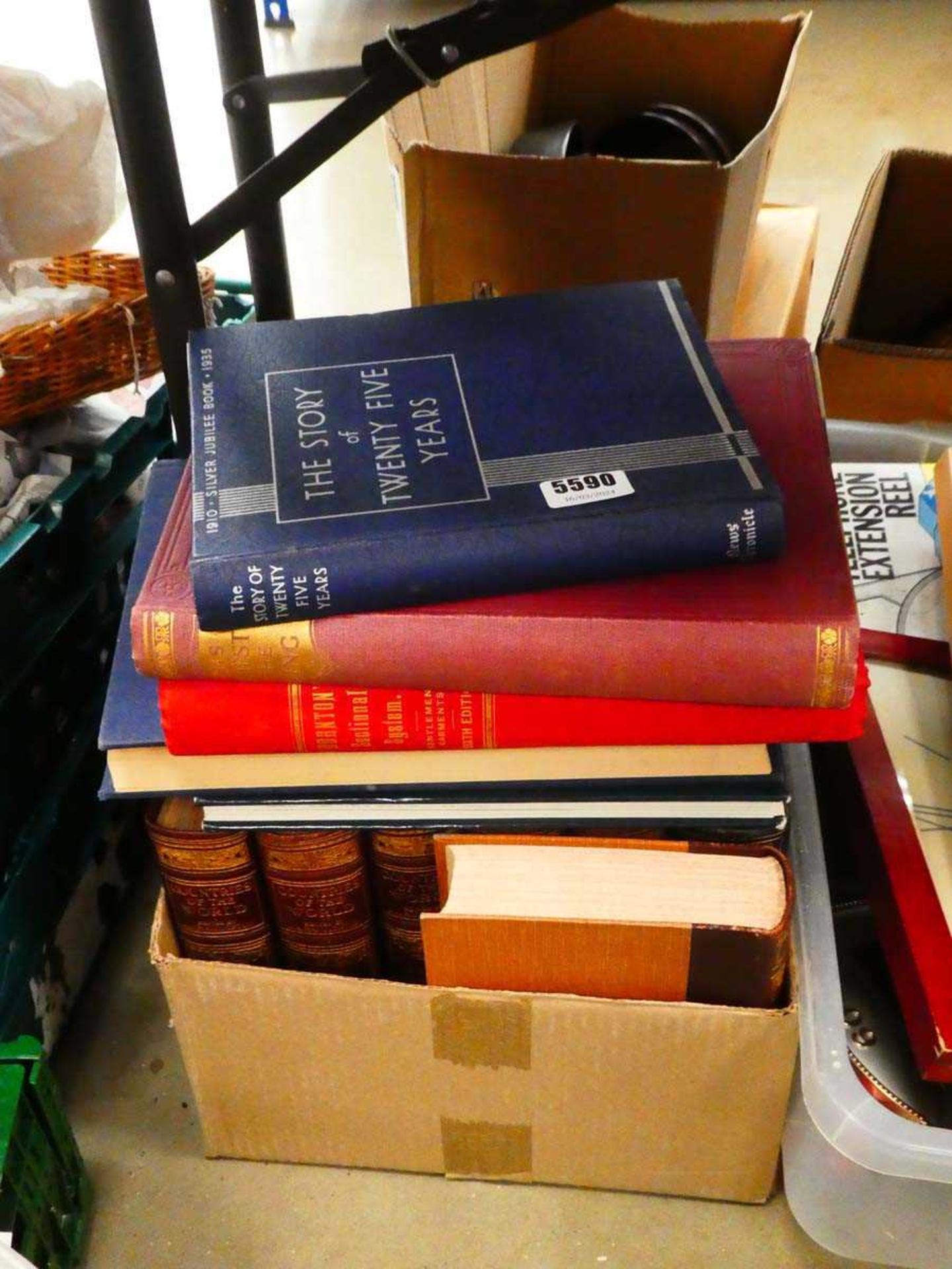 Box containing Countries of The World, James fighting ships, Story of 25 Years, and other books