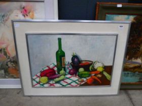 Oil on board, still life with vegetables and wine bottle