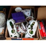 Box containing Staffordshire dogs, commemorative ware, Spode and other crockery