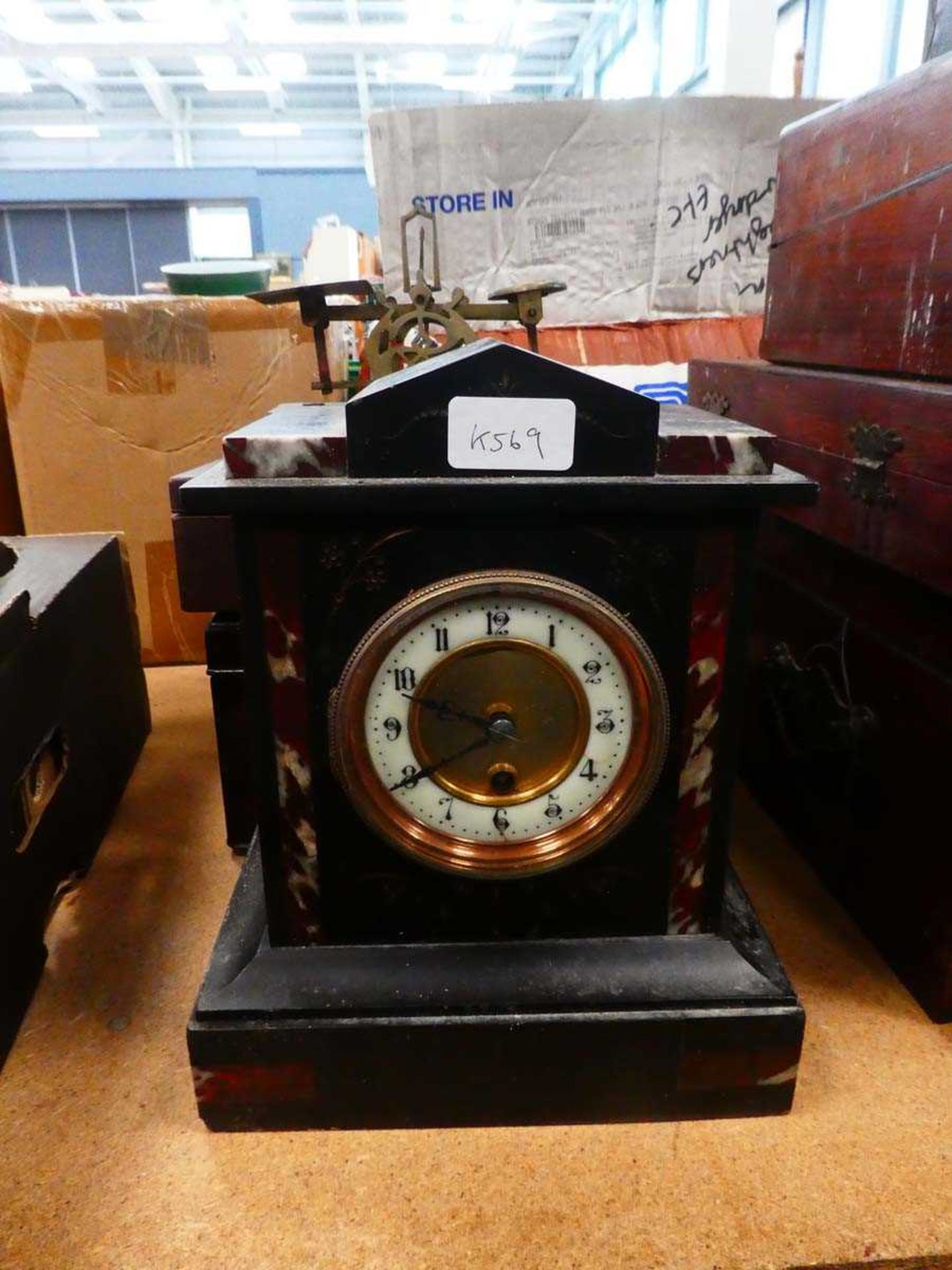 Slate mantle clock, plus postal scales and two trinket boxes