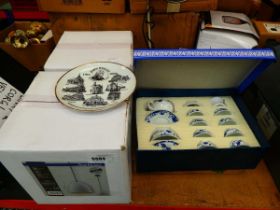 +VAT Four boxes containing Chinese tea service, ceiling lights, plus table lamp