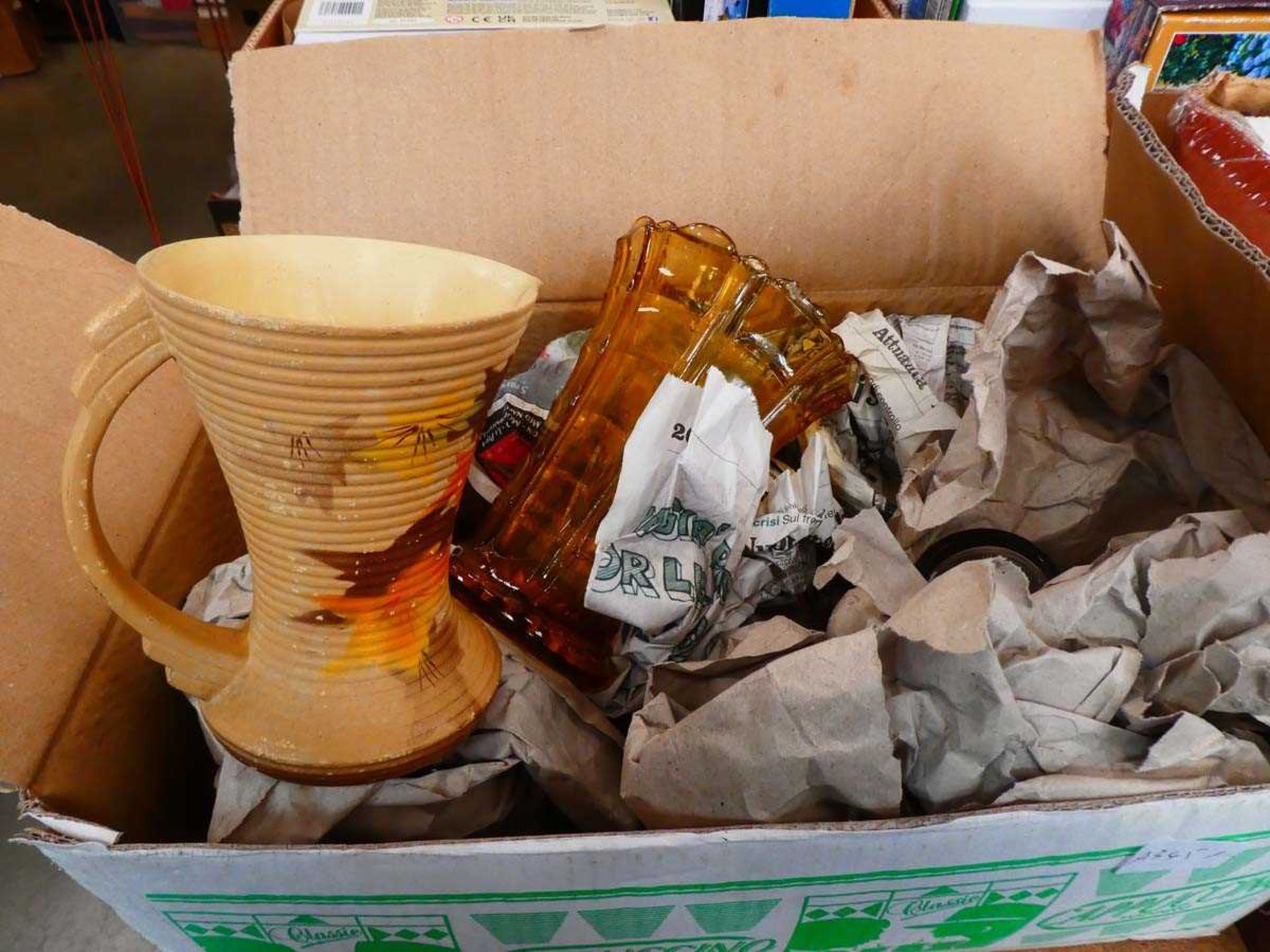 Three boxes containing amber coloured glass, milk jugs, bottles, dish plates, modern Chinese - Image 2 of 4