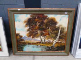 Oil on canvas, trees and pond