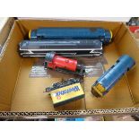Box containing model trains and 1 carriage