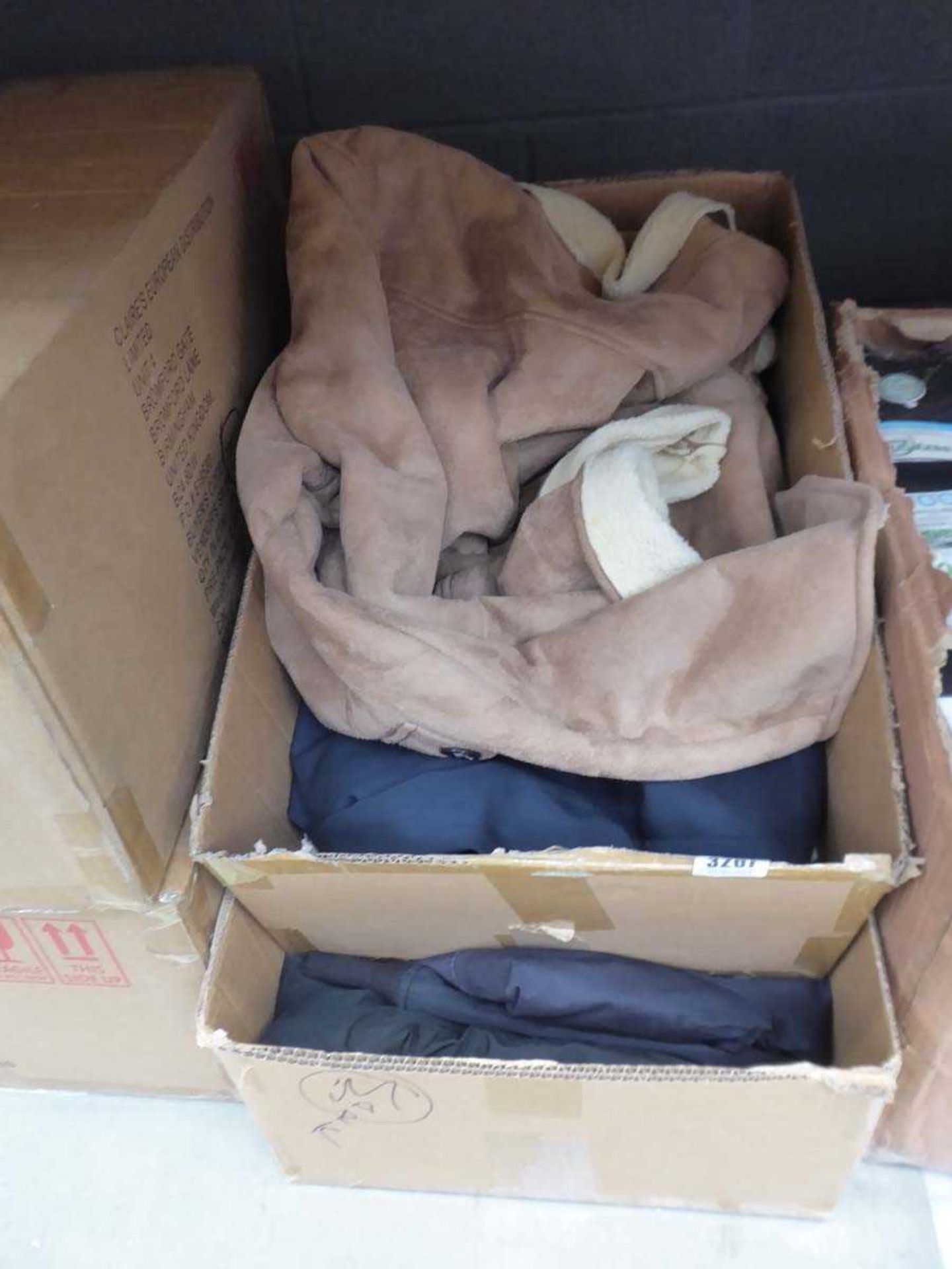 Box containing sheepskin style jacket, M&S blazer jacket and other clothing, with box of Red Herring