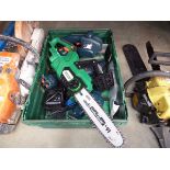 Tray of assorted electric tools to include cordless chainsaw, planers, drills, etc