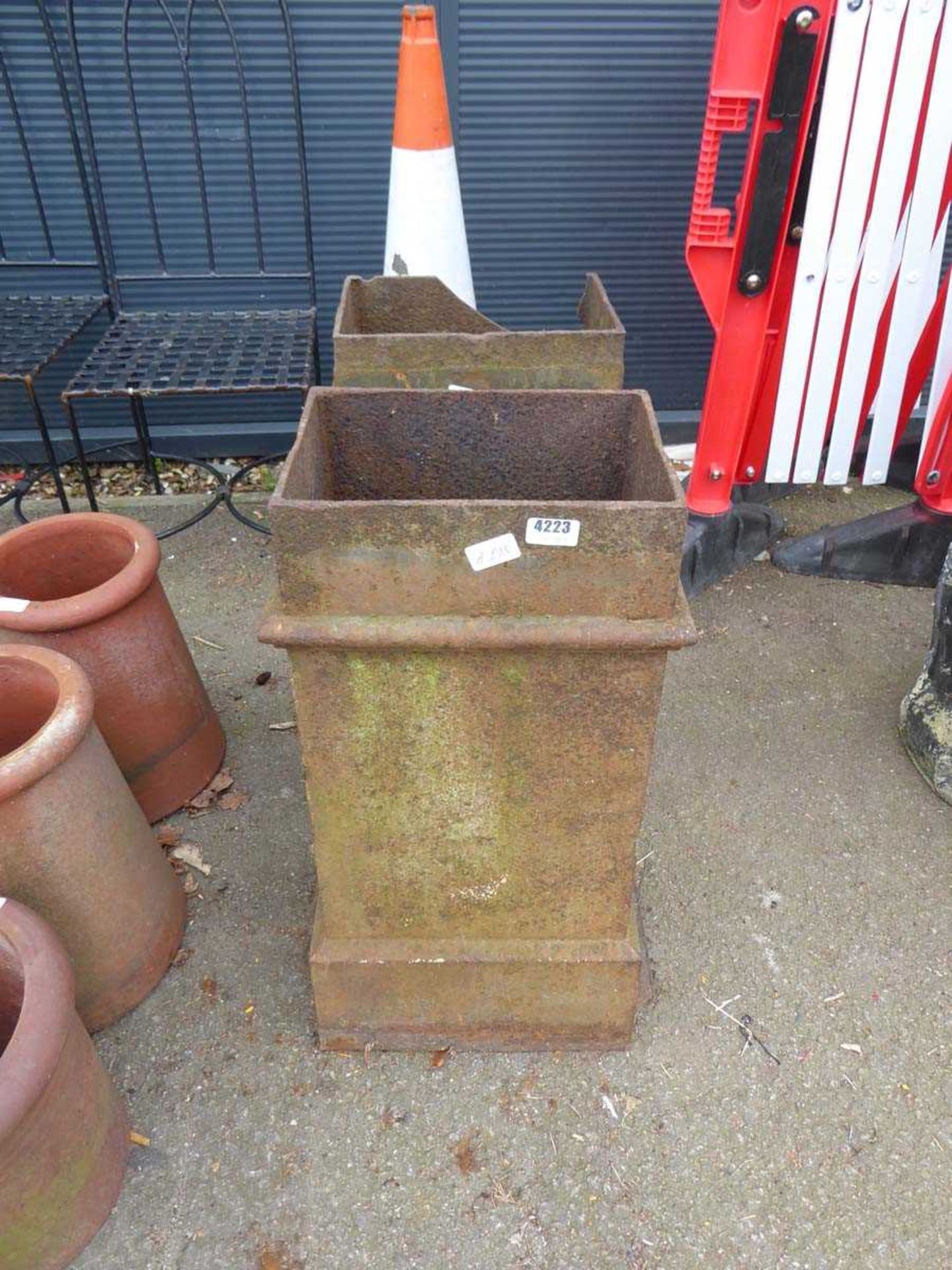 2 cast metal chimney pots