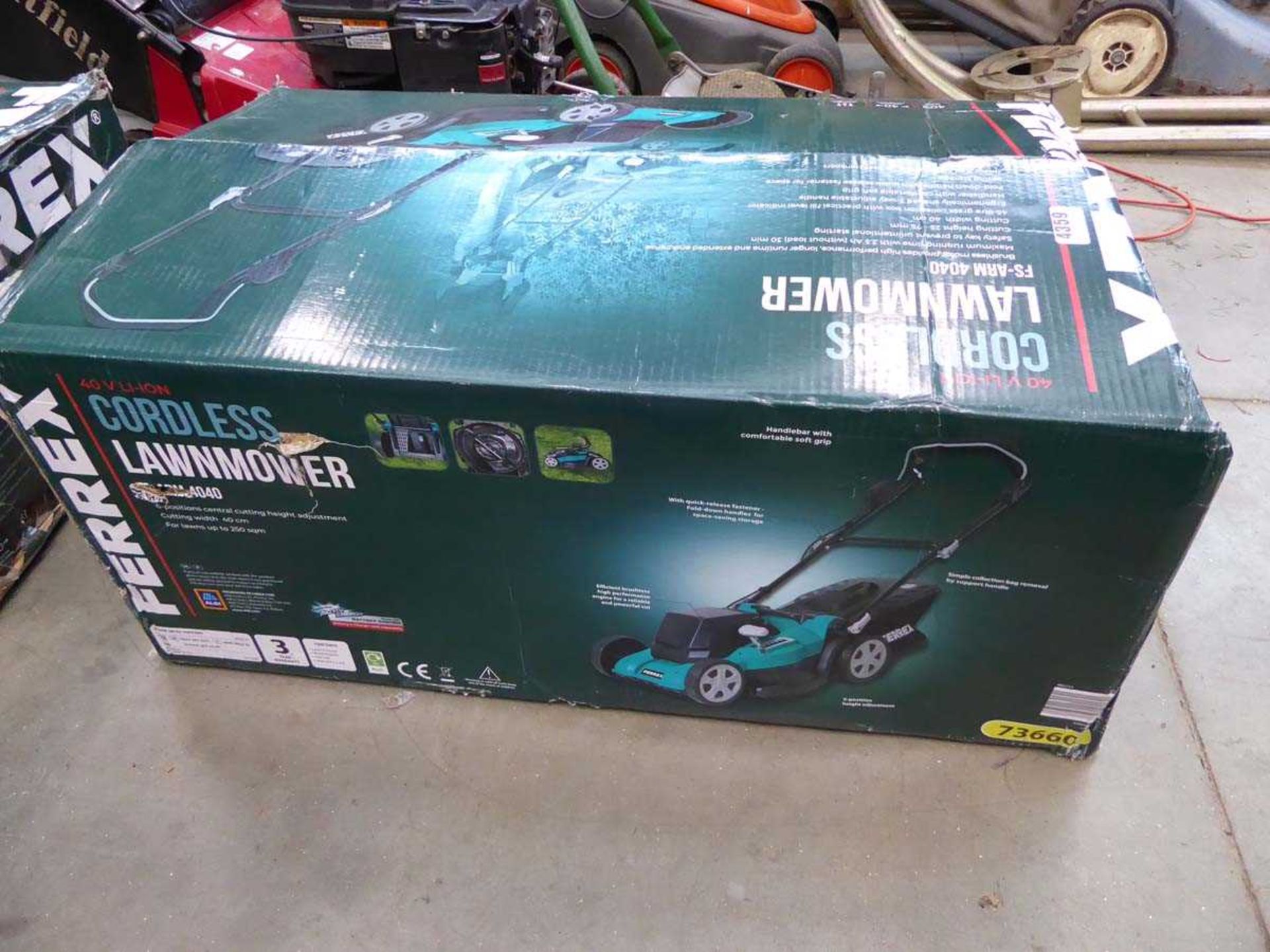 Two boxed Ferrex electric lawnmowers, one has no grass box and both have no batteries - Image 4 of 5