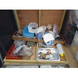 Two boxes of assorted engineers items to include strapping, reamers, cutters etc.