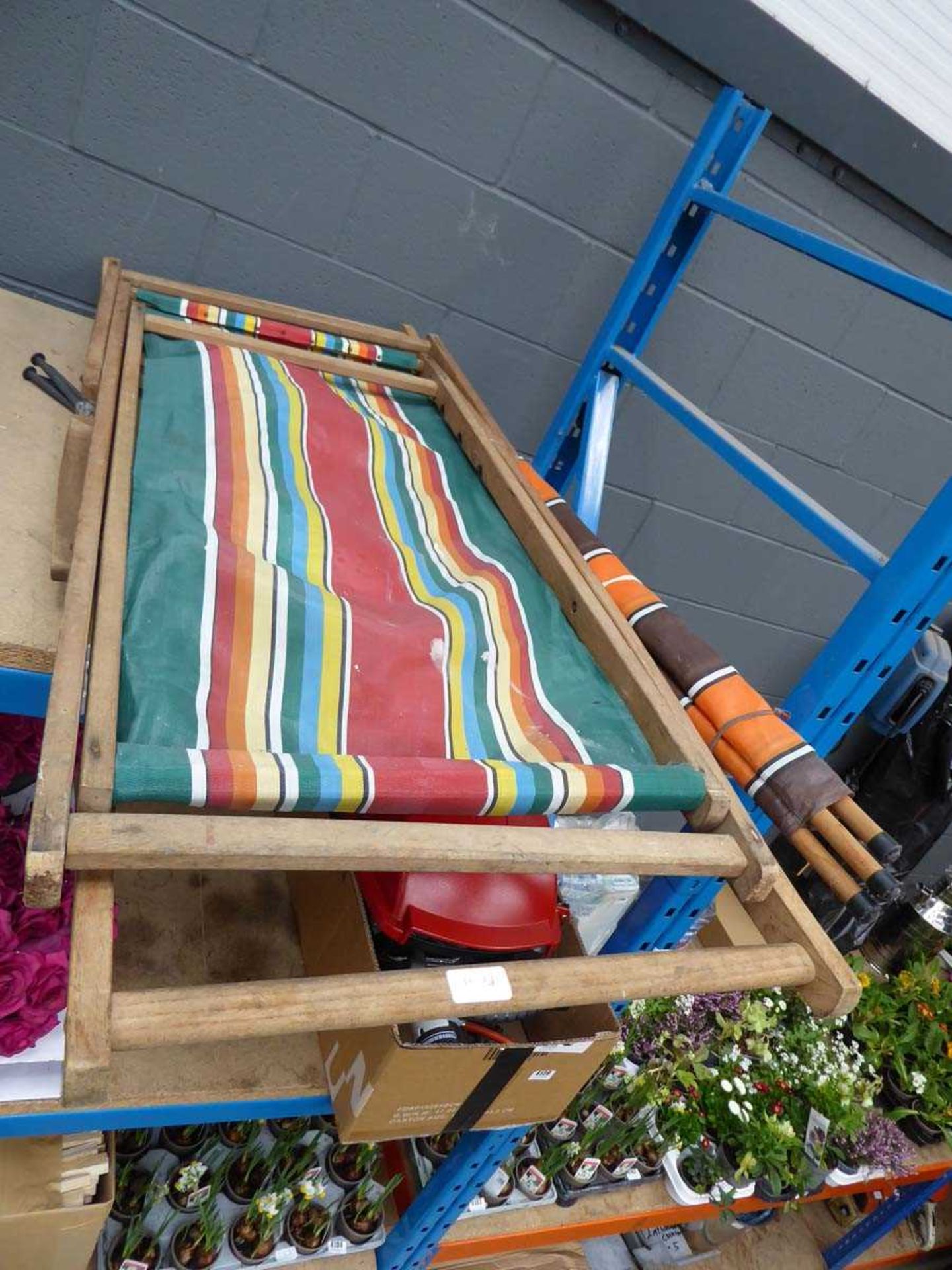 Two vintage deck chairs, two folding garden chairs and windbreak