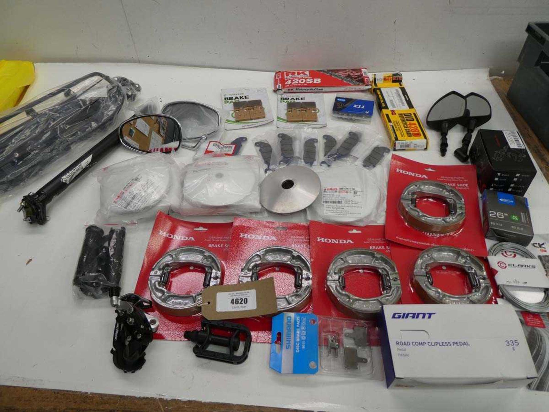 +VAT Motorbike & cycle spares including brake pads, brake shoes, pedals, chains, wing mirrors,