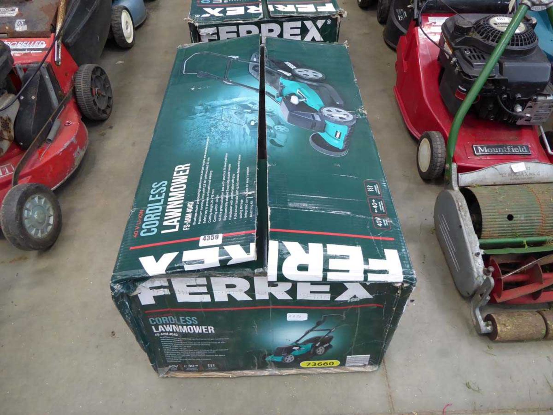 Two boxed Ferrex electric lawnmowers, one has no grass box and both have no batteries - Image 2 of 5