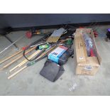 Qty of garden tools to include snow blower, rakes, shovels and a BS100 primuss