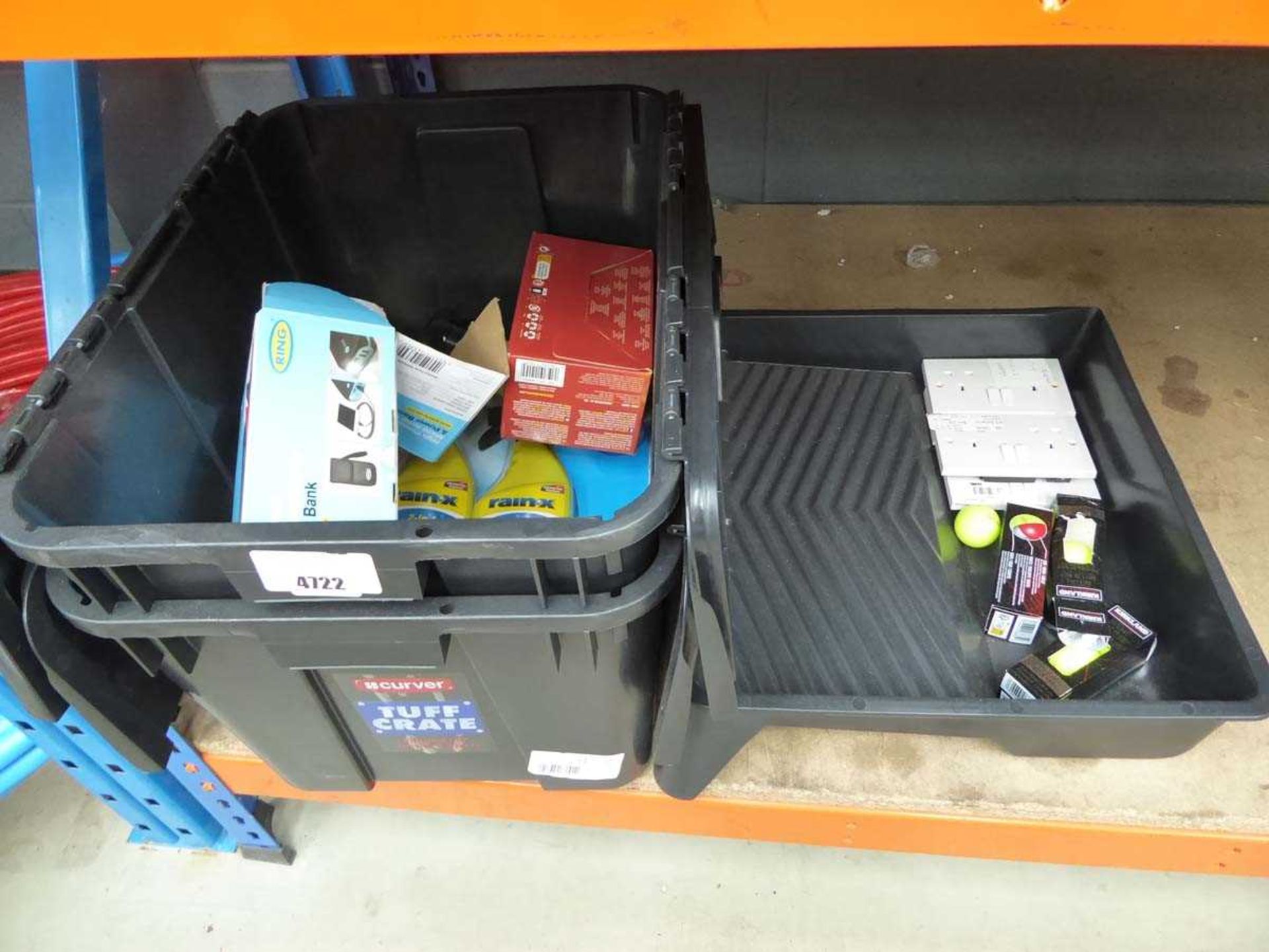 +VAT 2 x plastic storage boxes, some Rain-X glass cleaner, electric sockets, golf balls and a roller