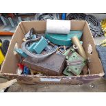 Box of assorted tools to include G clamps, spanners, Marple's specialist window frame clamp etc