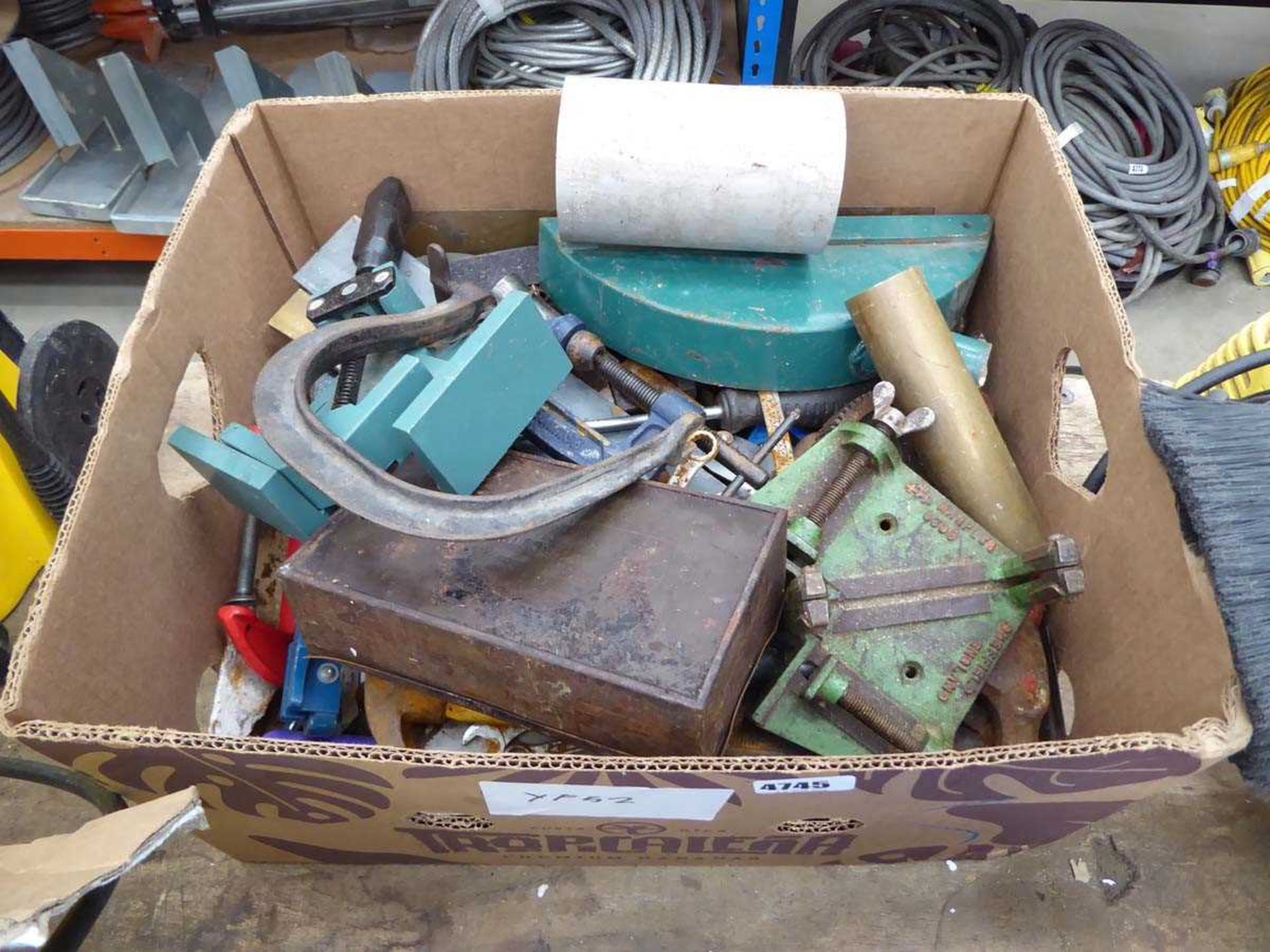Box of assorted tools to include G clamps, spanners, Marple's specialist window frame clamp etc