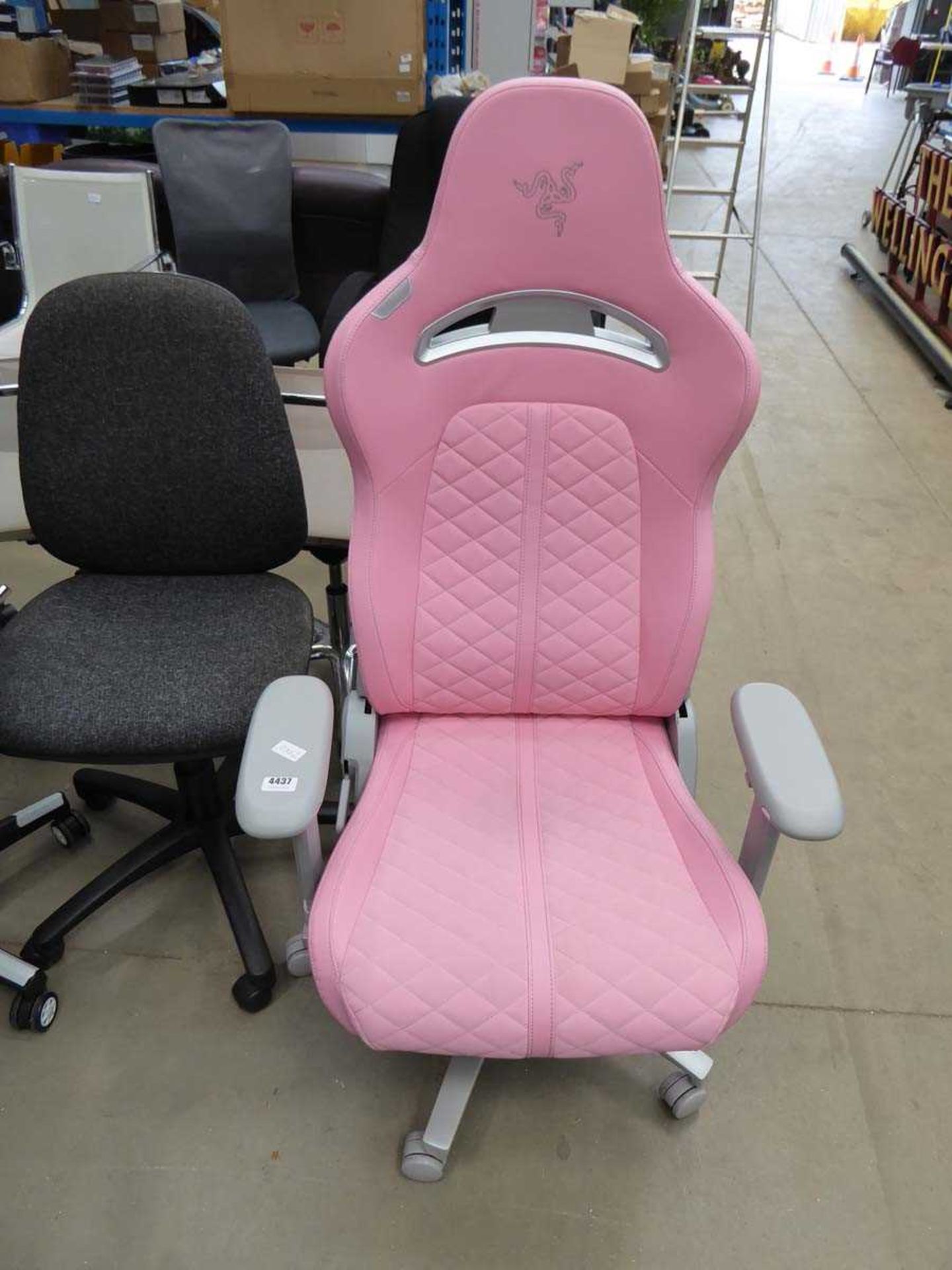 Pink racing car style operators swivel armchair on grey base