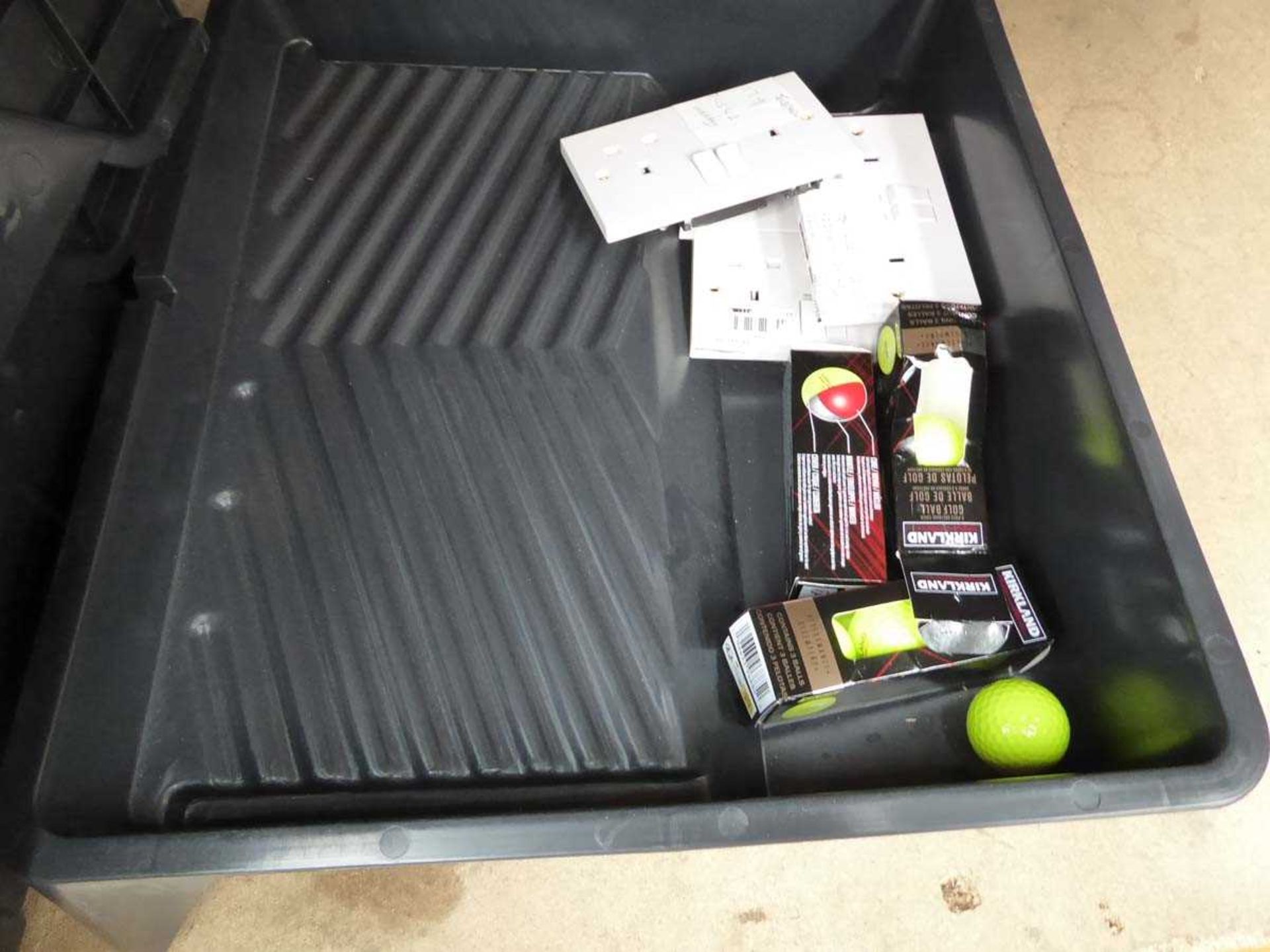 +VAT 2 x plastic storage boxes, some Rain-X glass cleaner, electric sockets, golf balls and a roller - Image 3 of 3