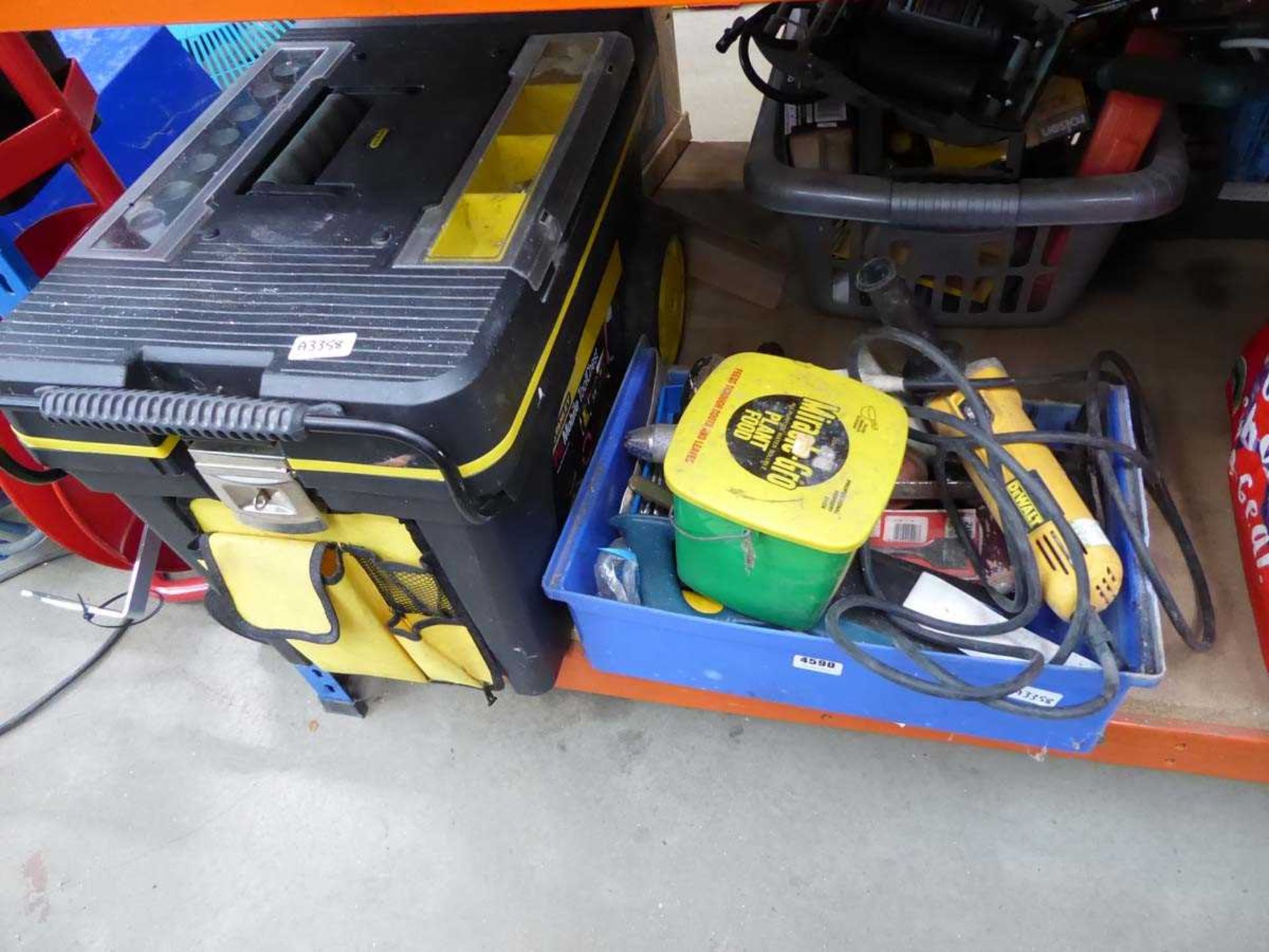 Stanley pro mobile tool chest and crate of assorted tools inc, Dewalt grinder, drill bits etc.