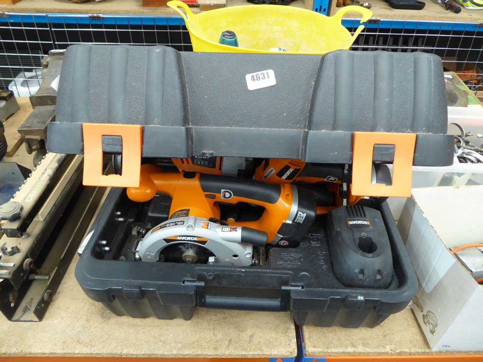 Worx multi toolbox with one battery and charger, to include drills, jigsaws, and circular saw - Image 2 of 2