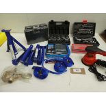 +VAT Wrench set, Socket sets, Jack stands, ratchet straps, sander etc