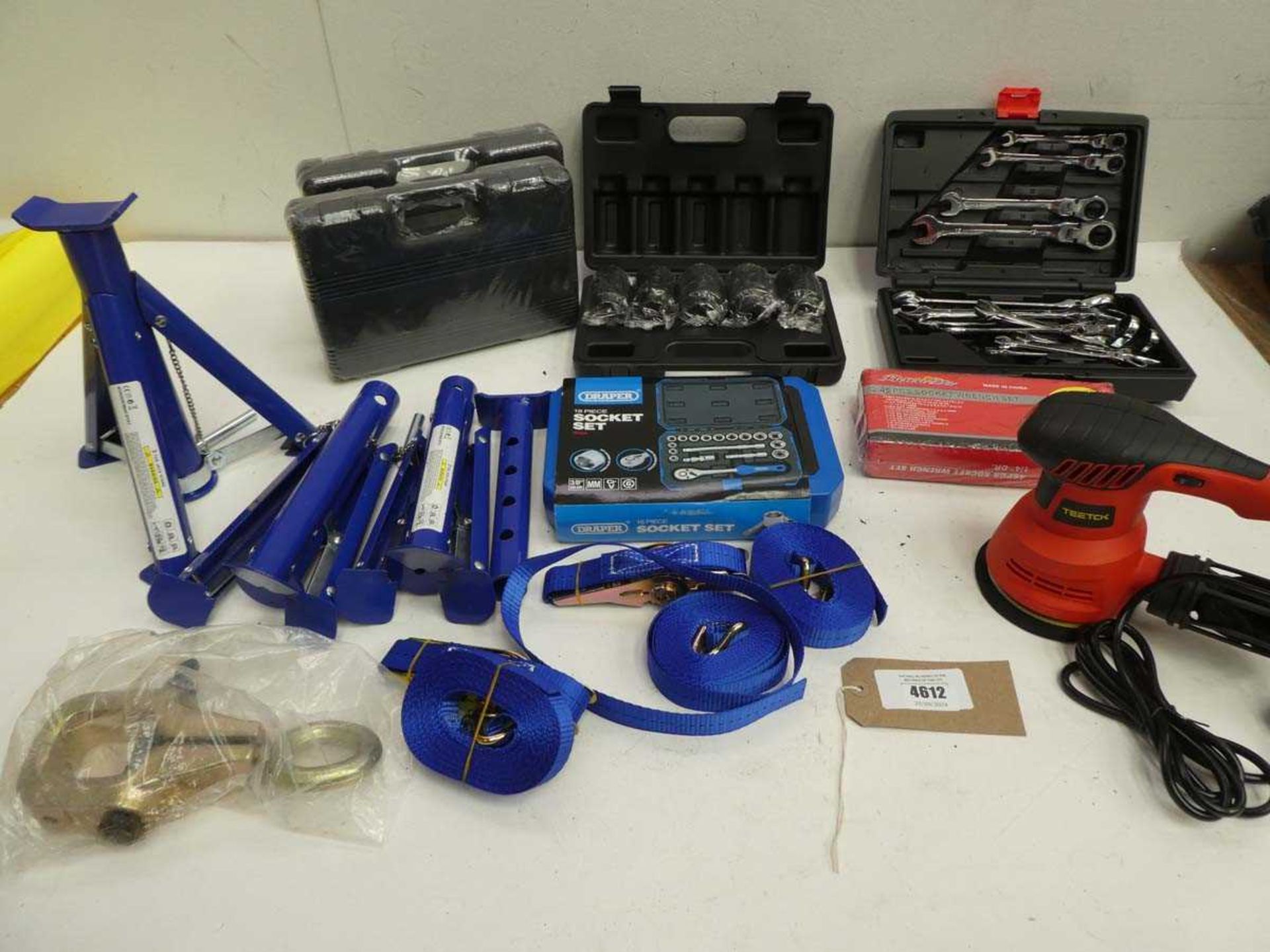 +VAT Wrench set, Socket sets, Jack stands, ratchet straps, sander etc