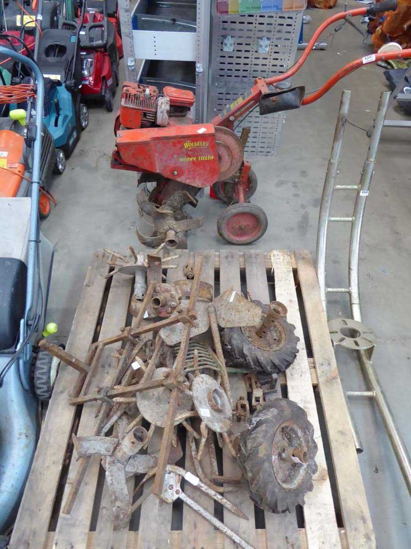 Wolseley Merry Tiller rotavator with pallet of assorted attachments