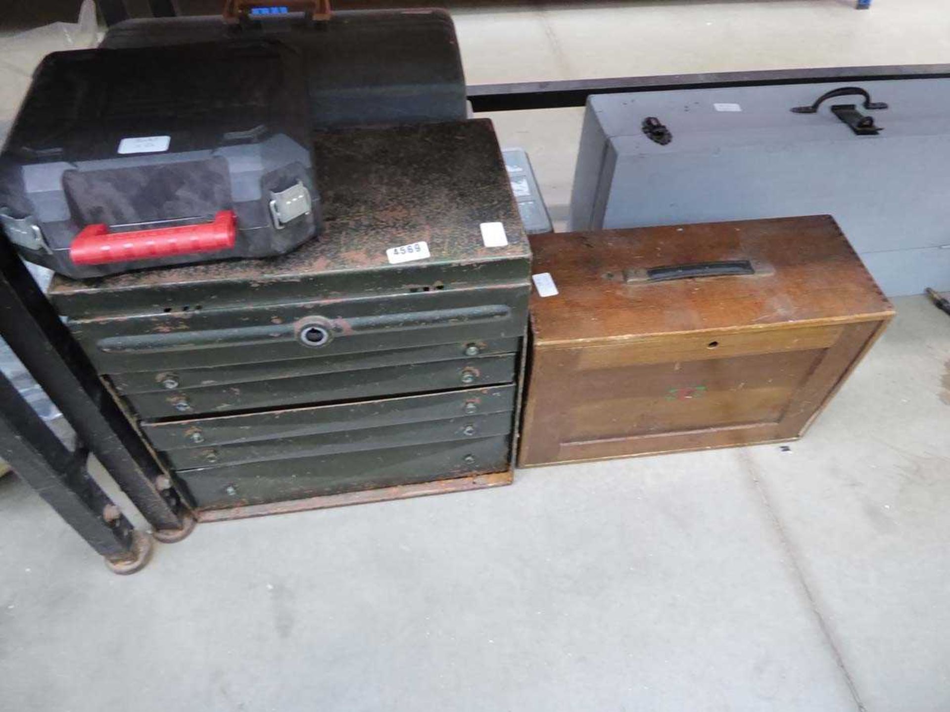 5 assorted boxes inc. engineer's box, carpenter's tools, multi drawer metal cabinet and others