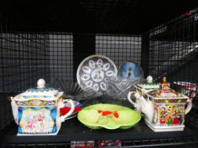 Cage containing novelty teapots, glass bowls, collectors plates, and Beswick bowl