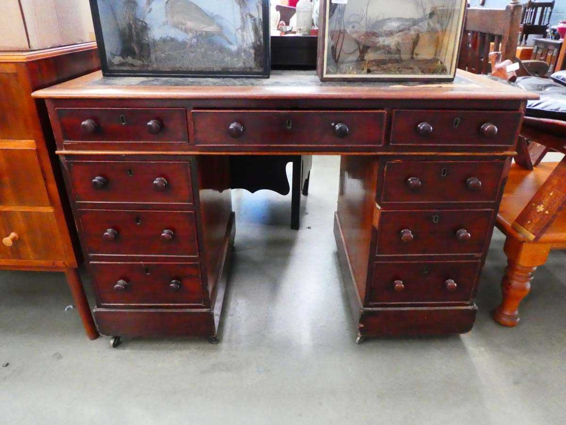 Late Victorian twin pedestal desk Damage to the surface and missing veneer