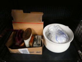 Cage containing chamber pot, plus vintage tins, cotton reels and small franking machine
