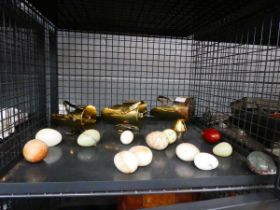 Cage containing ornamental eggs and three trench art sugar bowls